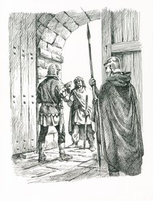 Soldiers negotiating with a man at a gateway on Hadrian's Wall, c1985-c2000. Artist: Philip Corke.