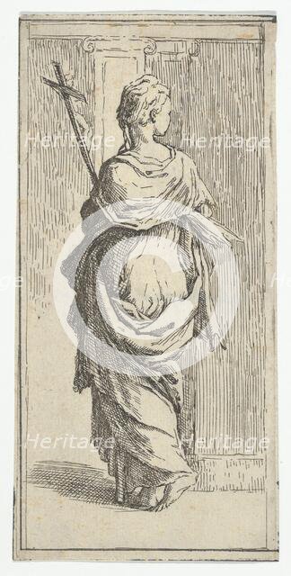 Girl carrying a crucifix and stepping toward a pilaster, seen from behind, ca. 15..., ca. 1590-1600. Creator: Guido Reni.