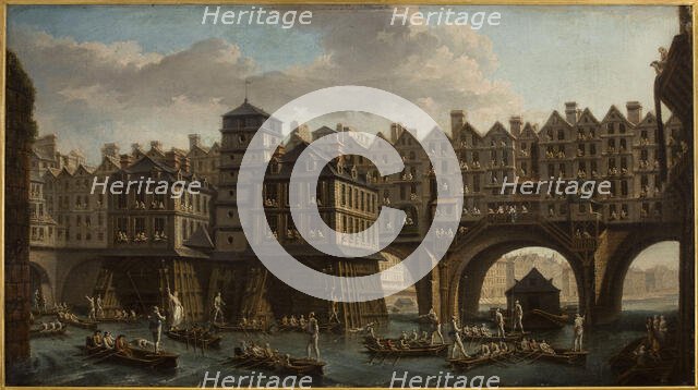 Sailors' joust, between Notre-Dame bridge and the Pont au Change, 1751. Creator: Nicolas Raguenet.