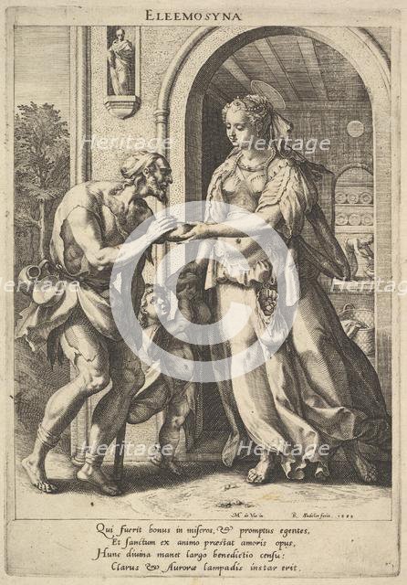 Alms-giving: a woman with pearl headdress and halo hands bread to two male beggars, one be..., 1589. Creator: Raphael Sadeler.