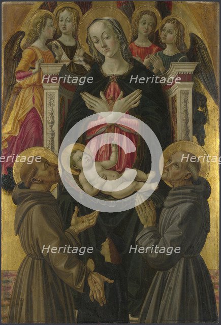 The Virgin and Child with Saints, Angels and a Donor (from Altarpiece: The Virgin and Child with Saints), ca 1475. Artist: Caporali, Bartolomeo (1420-1505)