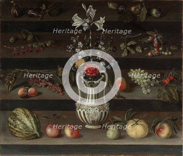 Lilies and other flowers in a majolica vase, with peaches, grapes, cherries..., 2nd half of 17th cen Creator: Josefa de Óbidos (Josefa de Ayala) (1630-1684).