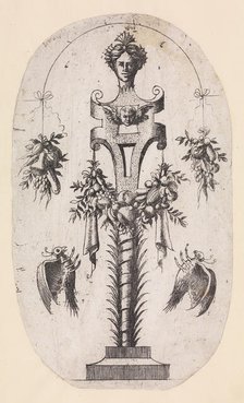 Design for a Term with the Head of Woman, Strapwork and Trophies, 1535-55. Creator: Jean Mignon.