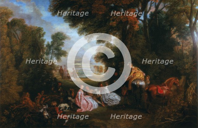 'The Halt During the Chase' ('Rendez-vous de chasse'), 1717-1720.  Artist: Jean-Antoine Watteau