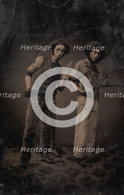 Two Bricklayers Holding Bricks and Trowels, 1870s-80s. Creator: Unknown.