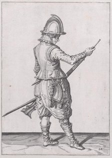 A soldier ramming home powder and bullet with the ramrod, from the Marksmen seri..., published 1608. Creator: Robert Willemsz de Baudous.