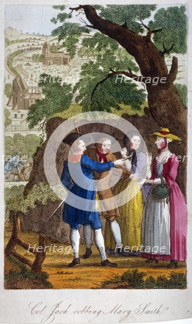 Colonel Jack, the highwayman, robbing Mary Smith on her way to Kentish Town, London, c1750. Artist: Anon