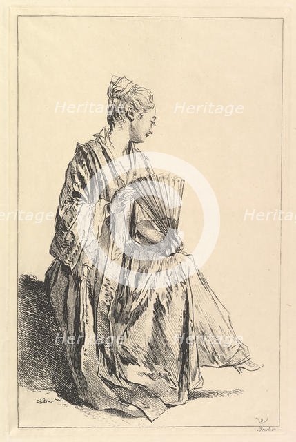 Femme assise, de profil à droite, jouant de l'eventail, 1720-70. Creator: Francois Boucher.