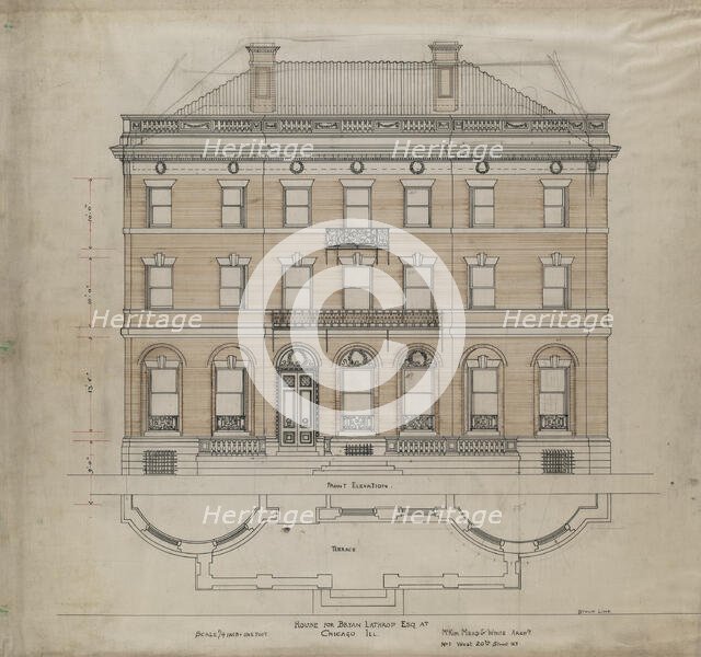 Bryan Lathrop House, Chicago, Illinois, Front Elevation and Terrace Plan, 1892. Creator: McKim, Mead and White.