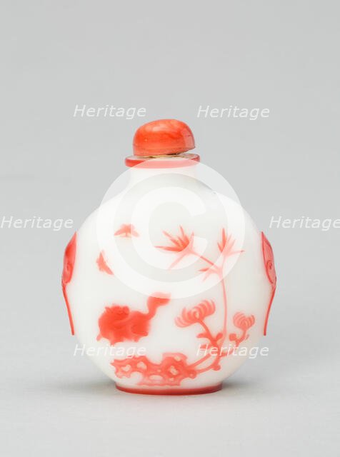 Snuff Bottle with a Cat and Two Butterflies near Bamboo, Rockwork, and Chrysanthemum...1800-1900. Creator: Unknown.