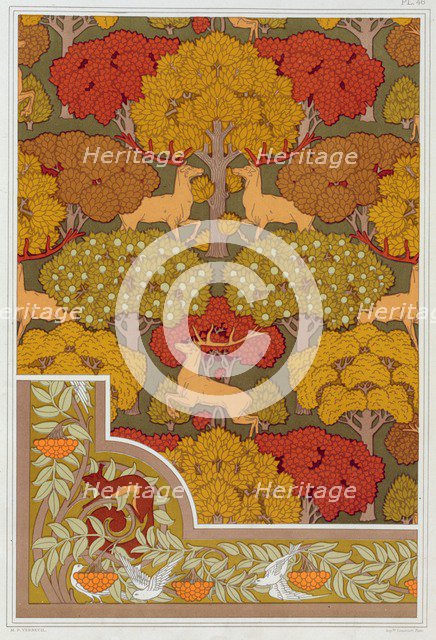 Designs for wallpaper and wallpaper border "Deer in the Trees", pub. 1897. Creator: Maurice Pillard Verneuil (1869?1942).
