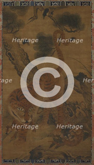 Tiger with cubs and magpies, 15th century. Creator: Unknown.