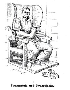 A mental ill patient in a straight jacket and strapped into a chair, 1908. Creator: Unknown.