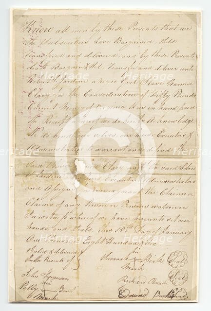 Bill of sale for a girl named Clary purchased by Robert Jardine for 50 pounds, January 15, 1806. Creator: Unknown.