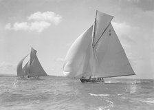 'Rollo' (foreground) and 'Javotto' racing under spinnaker, 1911. Creator: Kirk & Sons of Cowes.