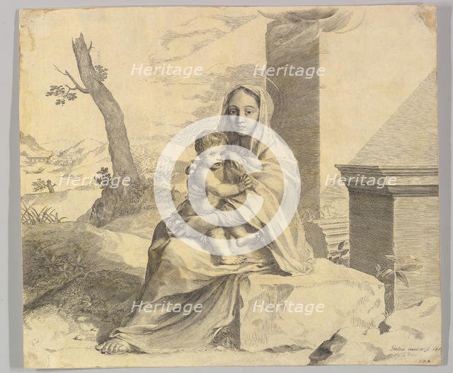 Virgin and Child Seated on a Rock (Vierge à l'Enfant dans des ruines), 1659. Creator: Claude Mellan.