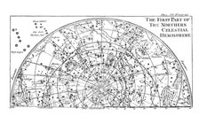 First part of the star chart of the Northern Celestial Hemisphere showing constellations, 1747. Artist: Unknown