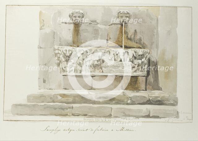 Old sarcophagus used as a fountain in Messina, 1778. Creator: Louis Ducros.