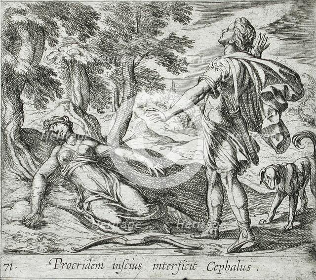 Procris Killed by Cephalus's Javelin, published 1606. Creators: Antonio Tempesta, Wilhelm Janson.