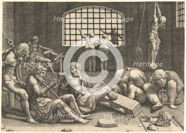 The Prison; a group of men in a dungeon bound in chains and shackles; to the right a figur....n.d. Creator: Unknown.