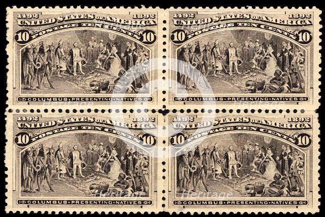 10c Columbus Presenting Natives block of four, 1893. Creator: Unknown.