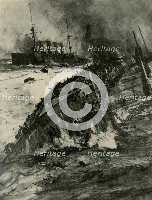 The sinking of HMS 'Aboukir', First World War, 22 September 1914, (c1920). Creator: Charles Dixon.