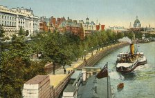 The Victoria Embankment, and steamship on the River Thames, London, c1910.  Creator: Unknown.