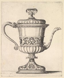 Jug with lid, engraved with arabesque pattern, the narrow spout to right ending in snak..., 1625-77. Creator: Wenceslaus Hollar.