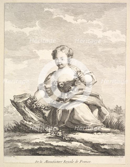 Little girl holding a garland of flowers, from Deuxième Livre de Figures d'après les..., after 1757. Creator: Pierre Francois Tardieu.