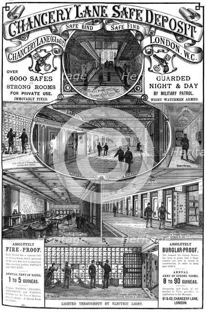 Advert for Chancery Lane Safe Deposit, London, 1887. Artist: Unknown