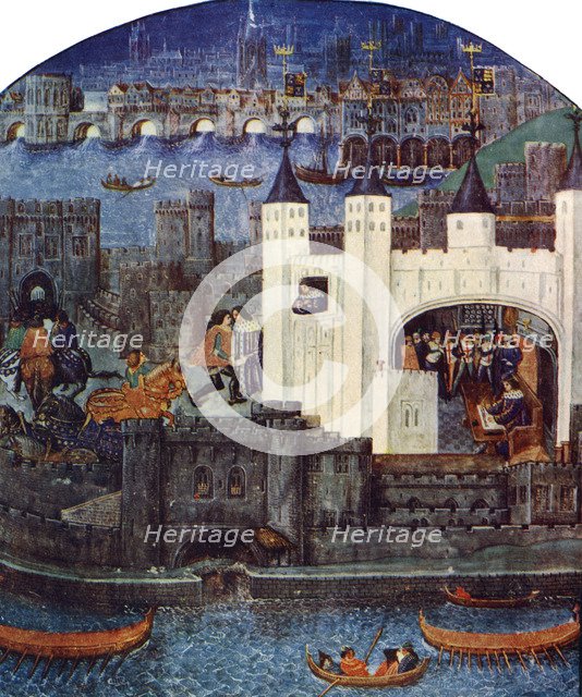 The Tower of London with London Bridge, c1500, (c1900-1920). Artist: Unknown