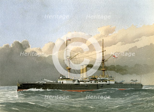 HMS 'Royal Sovereign', Royal Navy 1st class battleship, c1890-c1893.Artist: William Frederick Mitchell