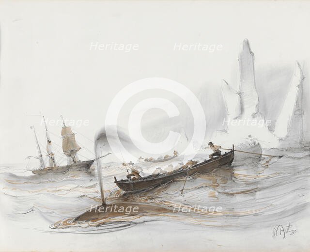 Whales by an ice floe, 1830-1860.  Creator: Albertus van Beest.