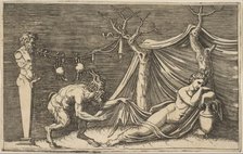 A satyr discovering a sleeping woman; two crabs hanging from a rope which is strung..., ca. 1515-27. Creator: Marco Dente.