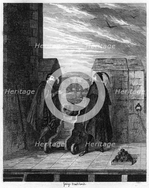 Simon Renard and Winwike the warden on the roof of the White Tower, 1553 (1840).Artist: George Cruikshank