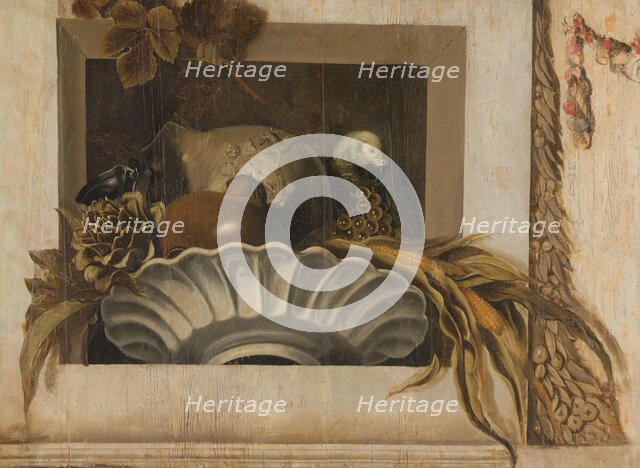 Still Life with a Bowl of Corn, Artichokes, Grapes and a Parrot, 1645-1650. Creator: Jacob van Campen.