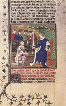 King Charles V of France presenting the sword of Constable of France to Bertrand du Guesclin, c1415. Creator: Workshop of the Boucicaut Master.