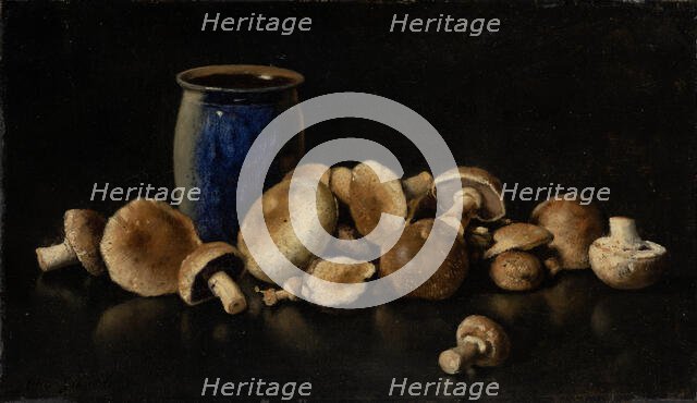 Still life with Blue Vase and Mushrooms, 1891. Creator: Otto Scholderer.