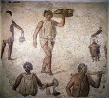 Servants or slaves making preparations for a feast, mosaic, Carthage, 2nd century. Artist: Unknown