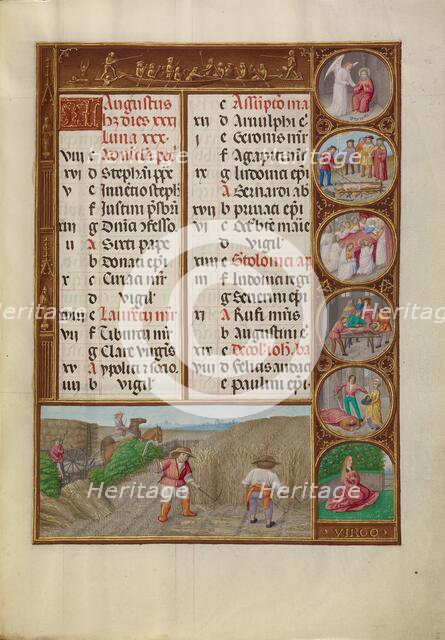 August Calendar Page: Reaping: Virgo; Spinola Hours, about 1510-1520. Creator: Workshop of the Master of James IV of Scotland.