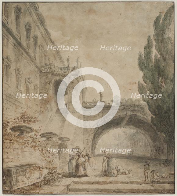 A Palace with an Arched Bridge (A Roman Villa), 1760. Creator: Hubert Robert (French, 1733-1808).
