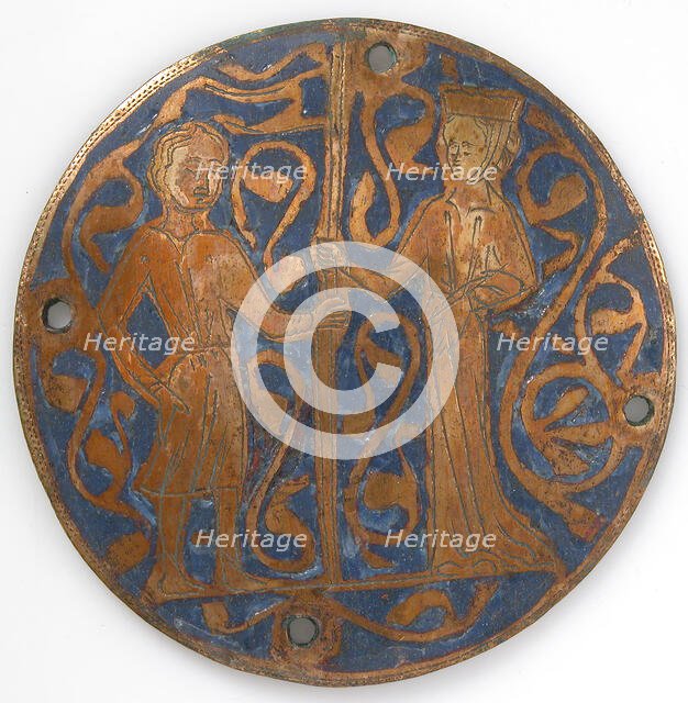 Medallion with man and woman holding standard, French, ca. 1240-60. Creator: Unknown.