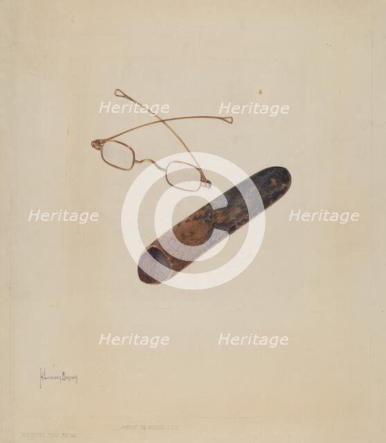 Spectacles and Case, c. 1937. Creator: H. Langden Brown.