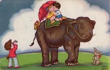 Children riding on an elephant, 1932. Creator: Margret Boriss.