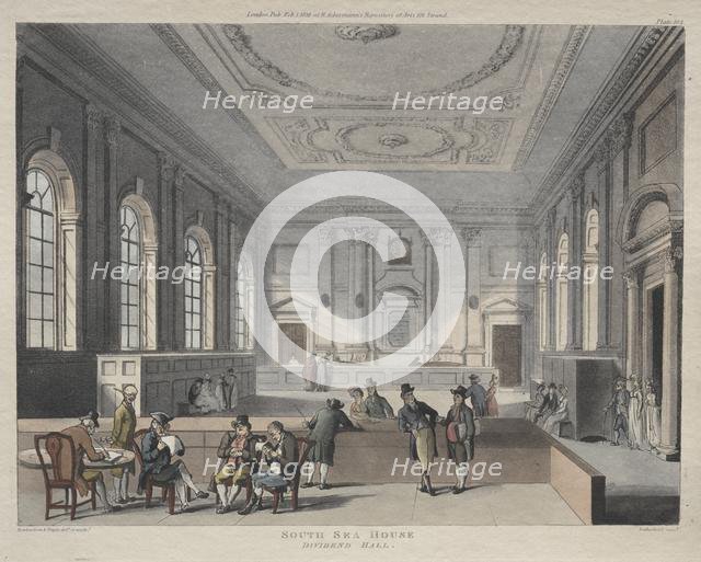 South Sea House, Dividend Hall, 1810. Creator: Thomas Rowlandson (British, 1756-1827); Augustus Charles Pugin (British, 1762-1832), and.
