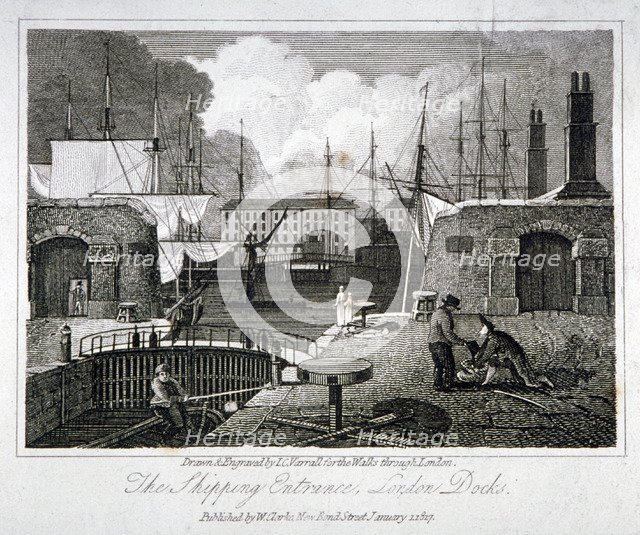 View of the shipping entrance to London Docks, Wapping, 1817. Artist: JC Varrall