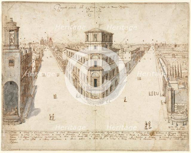 Eighteen Views of Rome: The Quattro Fontane Looking Toward Santa Maria Maggiore, 1665. Creator: Lievin Cruyl (Flemish, c. 1640-c. 1720).