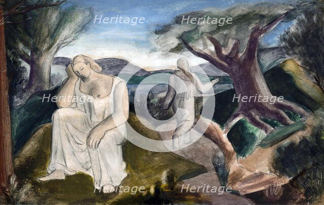 Figures in mountain landscape,  c1938. Creator: Bernard Meninsky.