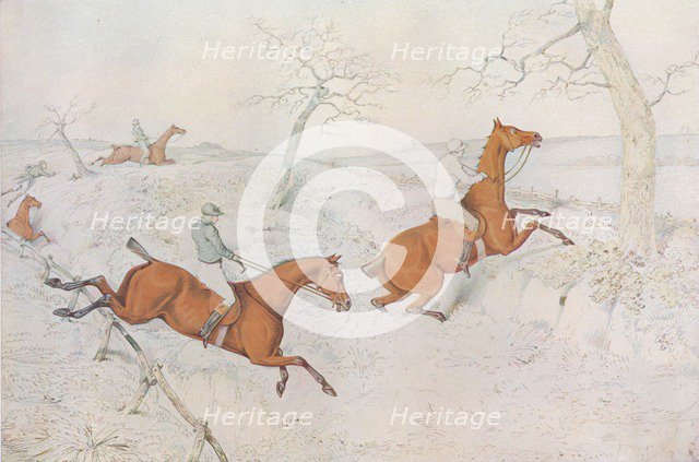 A Steeplechase: Crossing a deep ravine dangerous to pass, 1827. Artist: Henry Thomas Alken