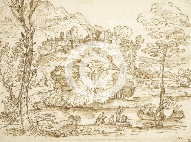 Landscape with River and Figures, between 1600 and 1699. Creator: Giovanni Francesco Grimaldi.